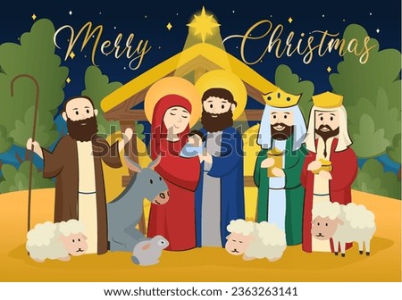 Christmas background concept with people scene in the flat cartoon style. All residents of Bethlehem celebrate the birth of Jesus the savior on Christmas night. Vector illustration.