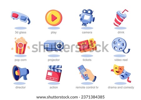Icon set cinema in flat cartoon design. The picture shows all the attributes without which it is impossible to create a good film: camera, scenery, delicious popcorn. Vector illustration.