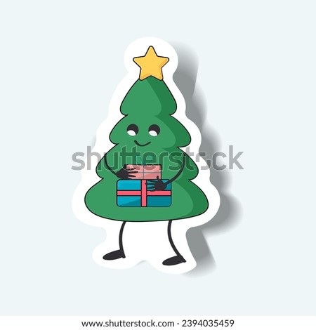 Christmas tree of sticker set. The sticker depicts the plot: a cute Christmas tree prepares gifts for friends. Vector illustration.