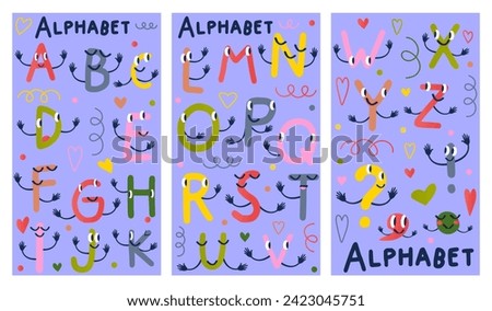 Set of posters with alphabet element. This illustration depicts three posters adorned with letters, seamlessly integrating detailed design and charming cartoon elements. Vector illustration.