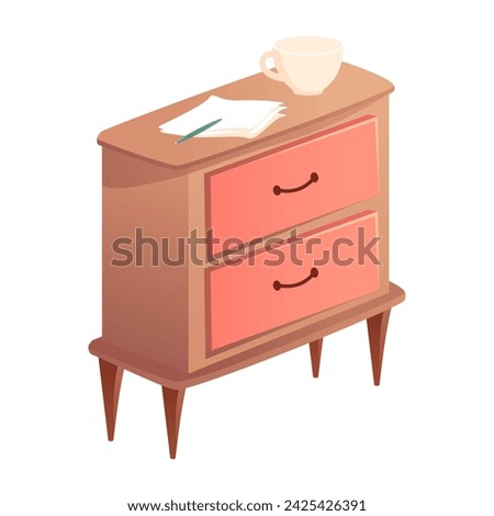 Bedroom furniture of colorful set. This illustration portrays a vibrant chest with a charming cartoon design, adding a splash of color and personality to bedroom decor. Vector illustration.