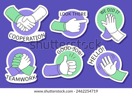 Set of Great job stickers in flat cartoon design. The stickers depicting support and motivation are shown in this illustration and designed in a modern style. Vector illustration.