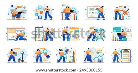 Set of yellow-blue gradient concepts with people scene in flat cartoon design. The set of illustrations are done in saturated colors and cover a variety of topics. Vector illustration.