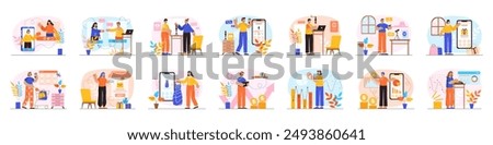 Bundle of simple concepts with people scene in flat cartoon design. The set of illustrations are done in soft colors and cover a variety of topics. Vector illustration.