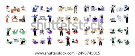 Mega set of simple linear concepts with people scene in flat cartoon design. The set of illustrations are done in different colors and cover a variety of topics. Vector illustration.