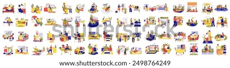 Big bundle of saturated color concepts with people scene in flat cartoon design. The set of illustrations are done in bright colors and cover a variety of topics. Vector illustration.