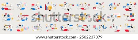 Bundle of simple linear concepts with people scene in flat cartoon design. The set of illustrations are done in saturated colors and cover a variety of topics. Vector illustration.