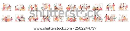 Bundle of colorful concepts with people scene in flat cartoon design. The set of illustrations are done in soft colors and cover a variety of topics. Vector illustration.