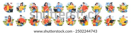 Mega set of different concepts with people scene in flat cartoon design. The big collection of illustrations are done in bright colors and cover a variety of topics. Vector illustration.