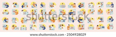 Mega set of different simple concepts with people scene in flat cartoon design. The set of illustrations are done in soft colors and cover a variety of topics. Vector illustration.