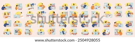 Bundle of minimalistic concepts with people scene in flat cartoon design. The big set of illustrations are done in bright colors and cover a variety of topics with big screens. Vector illustration.