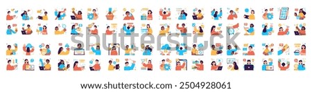 Big bundle of color concepts with people scene in flat cartoon design. Startup, cyberspace and many other topics are depicted in this collection with yellow, blue and red colors. Vector illustration.