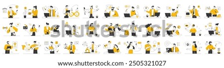 Similar – Image, Stock Photo Illustration of a people working on laptop at office. Colorful abstract design,Flat design concept with fine lines. Perfect for web design, banner, mobile app, landing page.