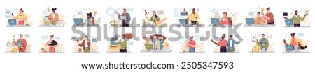 Bundle of stylish concepts with people scene in flat cartoon design. The big set of illustrations are done in beautiful colors and cover a variety of topics. Vector illustration.