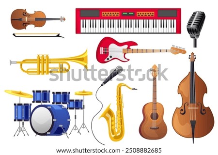 Set of musical instruments in flat cartoon design. An assortment of musical instruments including a guitar, piano, drums, trumpet, violin, saxophone, and microphone. Vector illustration.