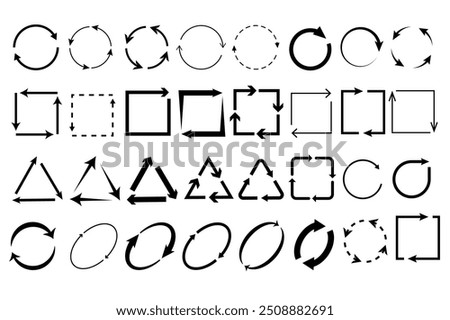 Set of cyclic rotation arrows in flat cartoon design. This collection contains shapes and arrows focusing on circular motion and different styles such as circles, squares. Vector illustration.