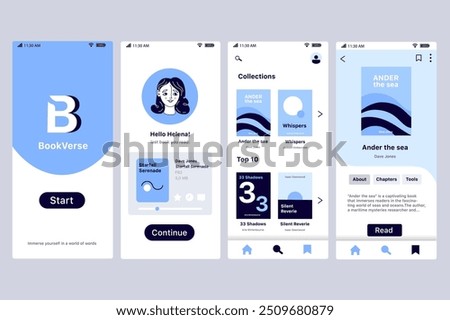 Book app concept in flat design. BookVerse's app interface highlights features like last book read, collections, top ten books, and a detailed book page to engage users. Vector Illustration.