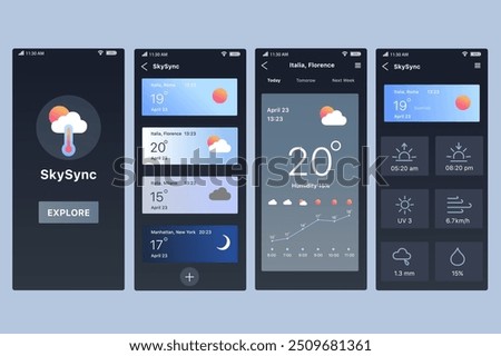 Weather app concept in flat design. SkySync user interface design, displaying weather data for different cities, including temperature and humidity functions. Vector Illustration.