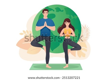 Similar – Image, Stock Photo Focused couple doing yoga in Awkward pose in park