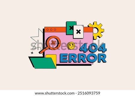 No request found concept in the flat cartoon style. Colorful digital illustration of 404 error with multiple symbols like gear, magnifying glass and crosses on page error cards. Vector illustration.