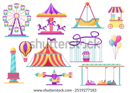 Set of fairground attractions in flat cartoon design. A colorful illustration depicting an assortment of amusement park rides. Vector illustration.