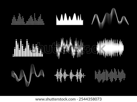 A collection of various sound waveforms presented. Vector illustration