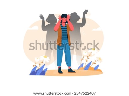 A person appears overwhelmed, holding their head, with shadows of figures behind them in a serene landscape filled with flowers. Vector illustration