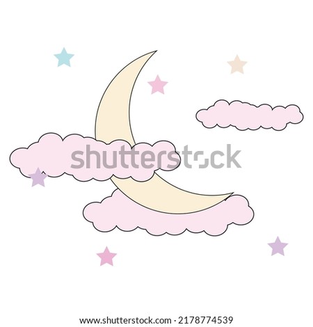 Mystical Night sky background with half moon, clouds and stars. Moonlight night. Vector illustration