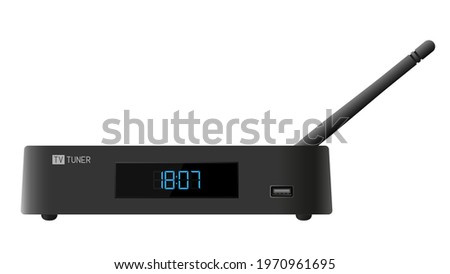 TV tuner. TV set-top box. Used for watching IPTV, movies and Internet surfing.  Isolated background. Visual material. Vector illustration.