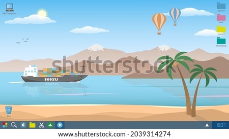 Desktop wallpaper, screenshot. Southern paradise in pastel colors. Landscape in cartoon style. Simplicity and minimalism. Vector illustration