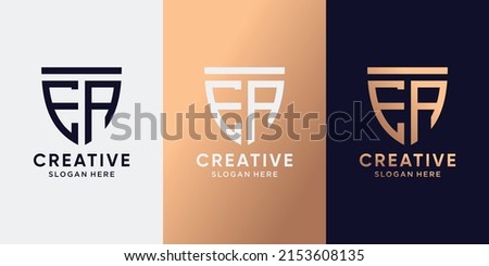 Creative monogram shield logo design initial letter EA with line art style. Logo icon for business company and personal