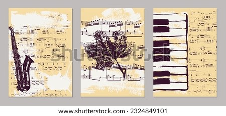 Musical texture backgrounds. Set of vintage background templates with piano, saxophone and sheet music. Abstract brush strokes with paint texture. Vector. 