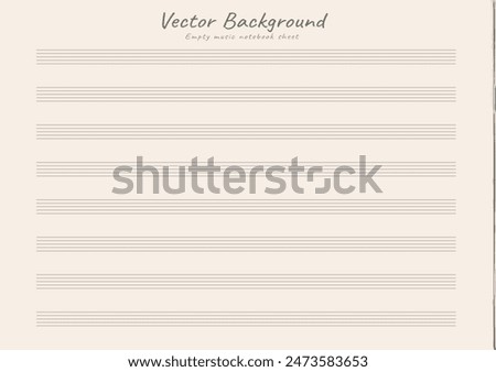 Empty horizontal music page. Music notebook sheet in a ruler for recording notes. Five-line staff without key. Vector. Music notation elements for design.