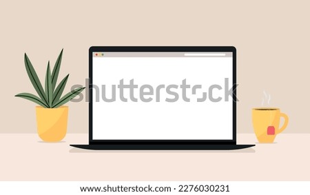 Laptop with white blank screen for copying and text at work, flat vector illustration in a beautiful setting on a warm pastel background with a desktop