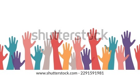 Hands raised up, different people from different ethnic groups. isolated on white background. Colorful silhouettes of people's hands, vector interracial illustration