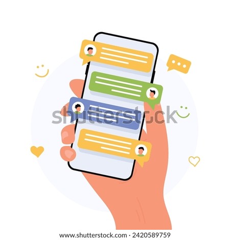 Cell phone with short messages, icons and emoticons. Communicate with friends and send new messages. Colorful speech bubbles on smartphone screen flat design vector illustration, hand holding phone