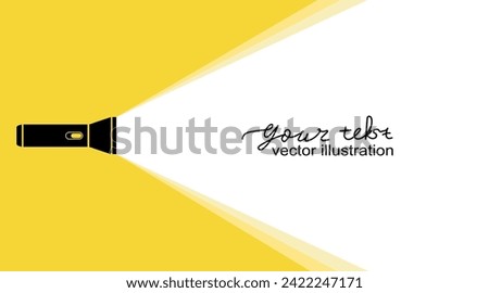 Flashlight silhouette. Electric flashlight shines on yellow banner with space for text. home handheld flashlight. Vector illustration of flat design. Isolated on white background. Flashlight icon.