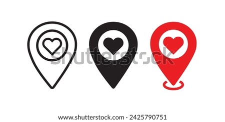 Map pointer with red heart vector icon modern gps map pointer pin set or gps location pin set. On an isolated white background map pin icon, vector icon of location pin, map pointer with a heart