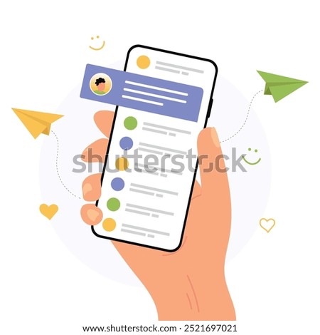 Cell phone with short messages, icons and emoticons. new messages. Colorful speech bubbles on smartphone screen vector illustration, hand holding phone