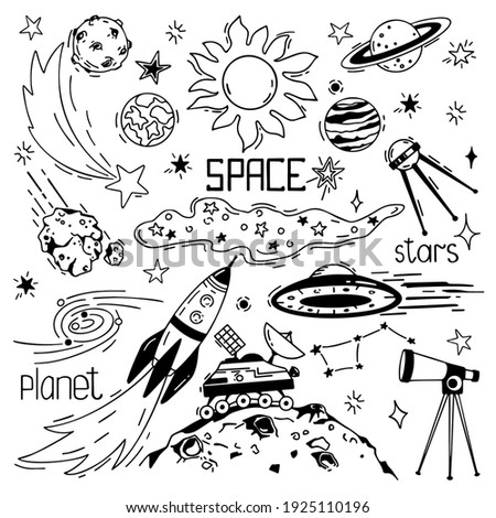 Space. Vector set of doodle elements on an isolated background. Planets, sun, stars, spaceships, comet, lunar rover. Hand-drawn drawings will become the decor, background, packaging.