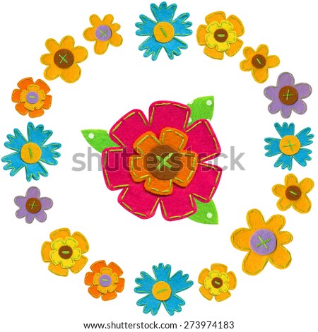 Floral wreath with wild flowers and big pink beautiful flower in the center. Felt handmade flowers. Raster illustration.