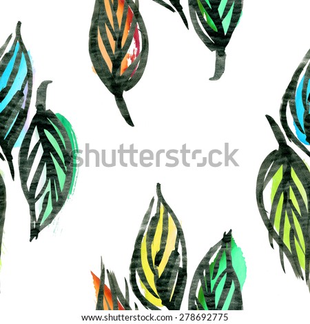 Seamless floral pattern with colorful leaves on white background. Hand drawn ink leaves. Raster illustration.