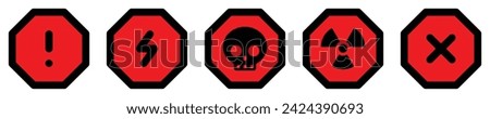 set attention octagon sign warning electric alert radioactive crossing stop traffic symbol caution hazard danger badge road mark vector flat design for web mobile isolated white Background