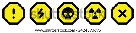 set attention yellow octagon sign warning electric alert radioactive crossing stop traffic symbol caution hazard danger badge road mark vector flat design for web mobile isolated white Background