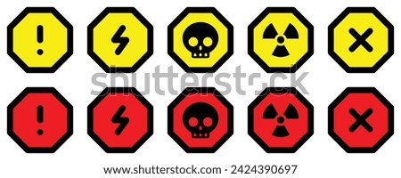 set attention red yellow octagon sign warning electric alert radioactive crossing traffic symbol caution hazard danger badge road mark vector flat design for web mobile isolated white Background