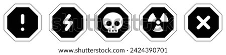 set attention outline octagon sign warning electric alert radioactive crossing stop traffic symbol caution hazard danger badge road mark vector flat design for web mobile isolated white Background