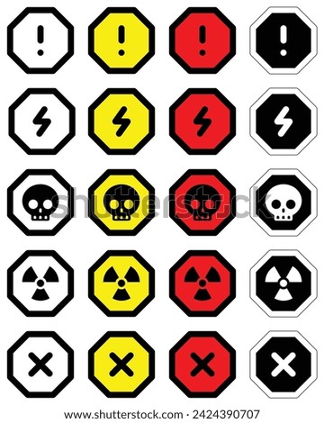 set attention octagon different colors sign warning electric alert radioactive cross traffic symbol caution hazard danger badge road mark vector flat design for web mobile isolated white Background