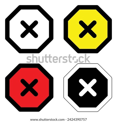 set octagon different colour sign attention crossing x stop traffic warning caution isolated symbol logo hazard danger badge road mark vector flat design for website mobile isolated white Background