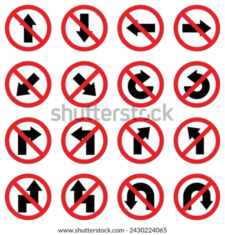 set u sharp turn curve keep right left straight back arrow road traffic red prohibitory sign icon. warning primited cross road symbol logo design for web mobile isolated white background illustration.