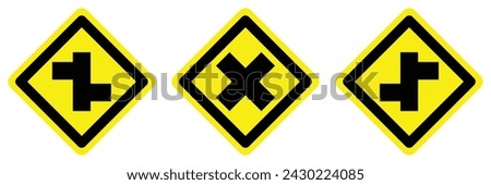 yellow left and right road intersections junction cross traffic sign arrow direction icon. exclamation, hazard sign symbol logo design for web mobile isolated white background illustration.